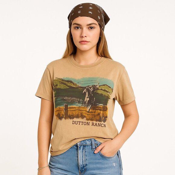 🌵 Yellowstone “Dutton Ranch” Graphic Tee, Vintage Wash (M) Sand/Tan, Western - Picture 5 of 11
